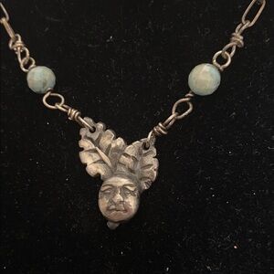 UNIQUE aged Handmade moon face & leaf sliver charm beaded necklace 19 1/2”